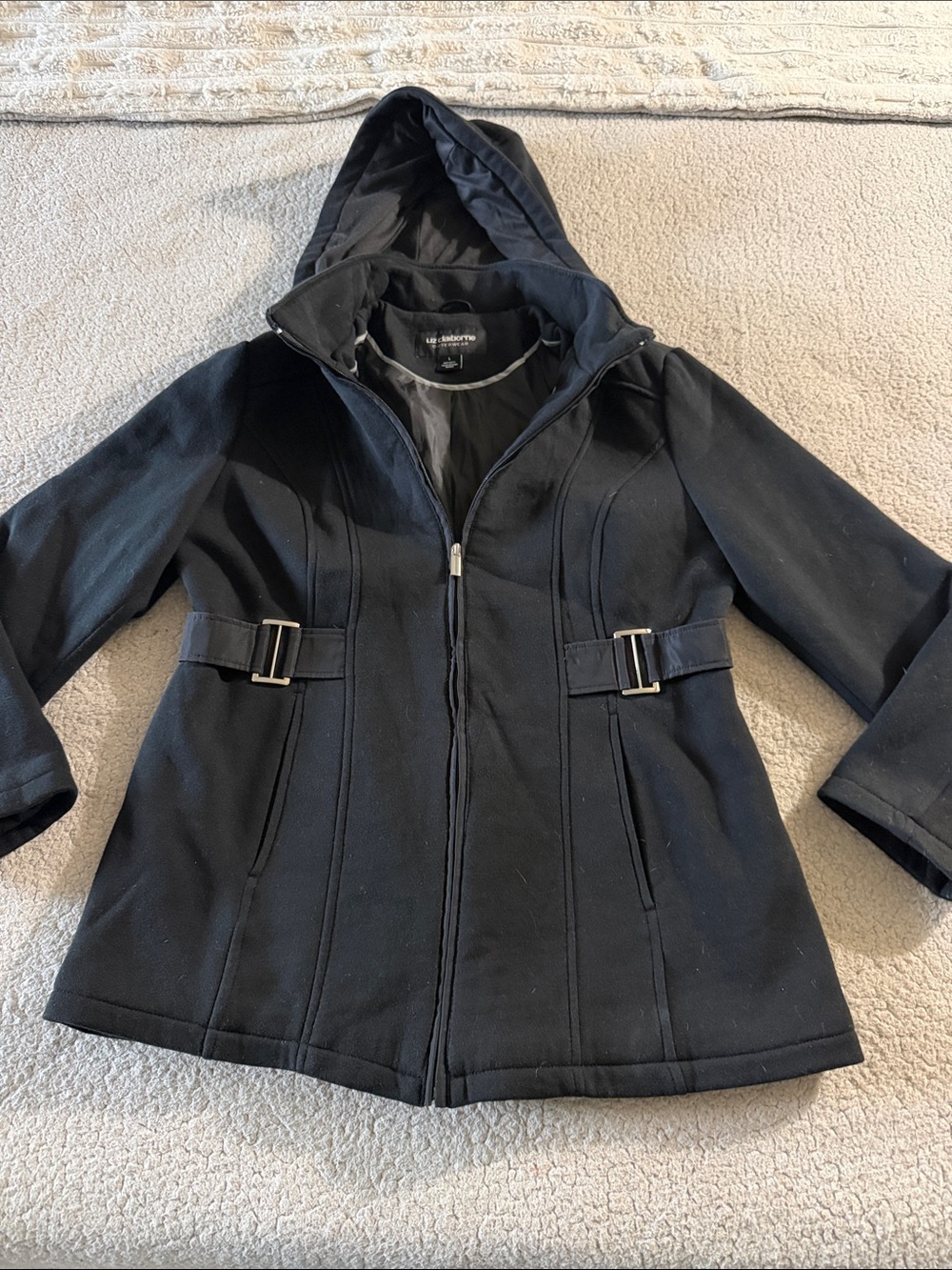 Liz Claiborne Black Hooded Peacoat with Side Buckle Detail Large
